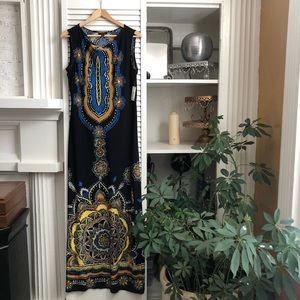 Snap- black/blue/gold floor length maxi dress